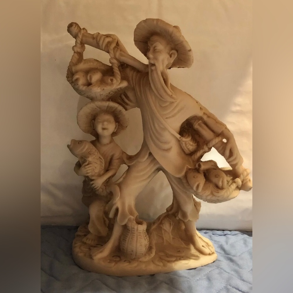 Vintage Asian Man and Boy Fishing Statue